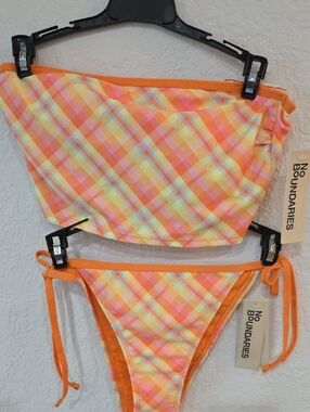 No Boundaries Orange Multicolor Plaid Strapless Bikini
